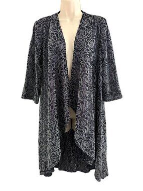 R&M Richards Black Silver Metallic Rose Print Open Jacket Duster Size 16W Dressy